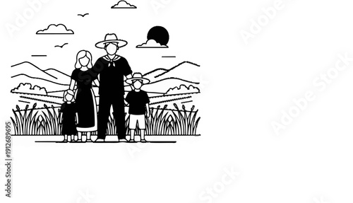 A family of four stands in a field under a bright sun