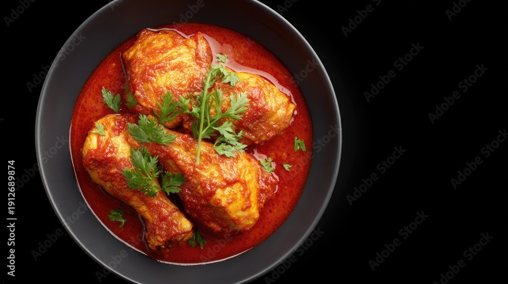 Fototapeta premium Delicious Spicy Chicken Drumsticks in Rich Red Sauce Garnished with Fresh Green Coriander on a Black Plate