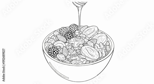 A detailed line drawing of a cereal bowl filled with berries, nuts, and grains