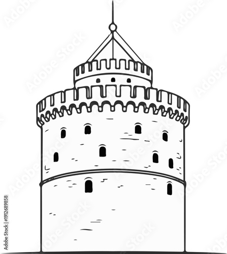 A detailed line drawing of a cylindrical stone tower with a conical roof and battlements