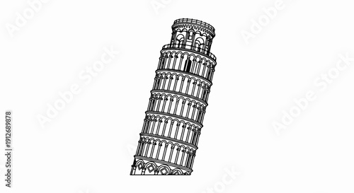 A detailed black and white line drawing of the iconic Leaning Tower of Pisa