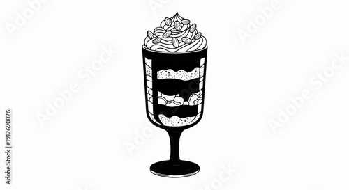 A detailed illustration of a layered dessert in a stemmed glass with whipped cream and nuts