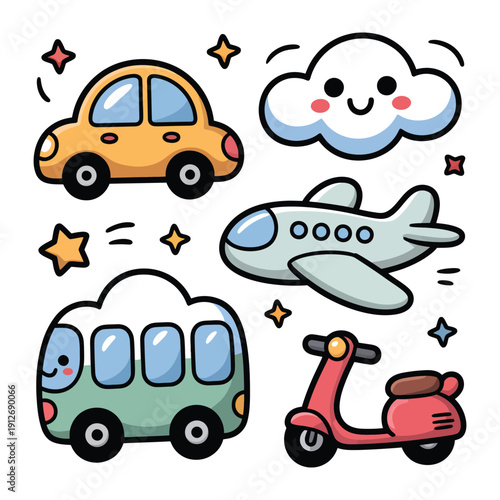 Cute Transport Cartoon: A collection of cheerful and whimsical cartoon illustrations, featuring various modes of transport in a playful and engaging style.