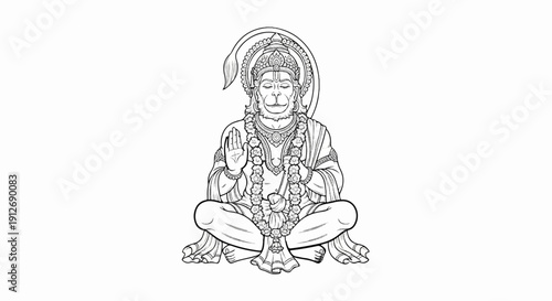 A detailed illustration of a seated monkey-faced deity adorned with jewelry
