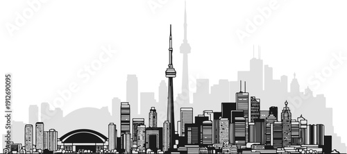 A detailed line art drawing of a city skyline, featuring prominent towers and buildings