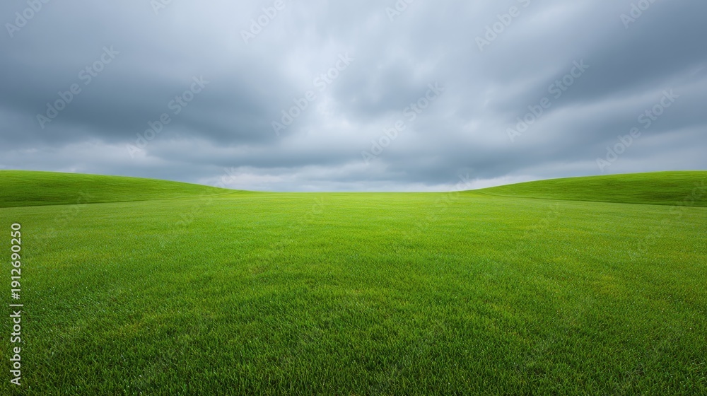 Obraz premium Lush Green Meadow Under Dramatic Cloudy Sky Featuring Rolling Hills and Vibrant Grass in Tranquil Natural Landscape Setting