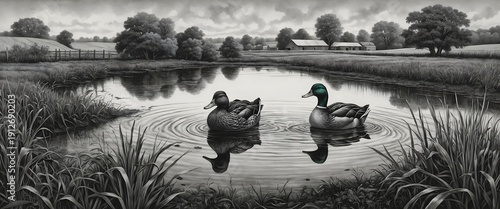 Dos patos en estanque rural con reflejo en el agua en estilo monocromático clásico