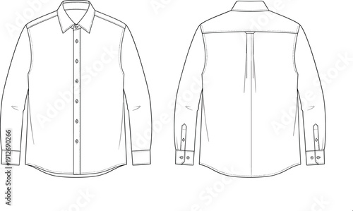 Classic button up shirt outline template, front and back view long sleeve apparel mockup vector, minimalist formal clothing technical line art