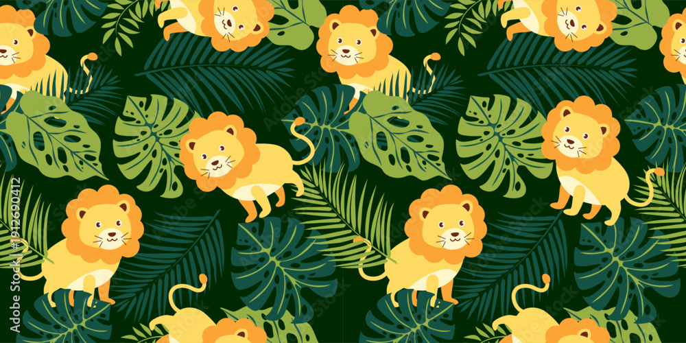 Naklejka premium Seamless cute lion pattern featuring smiling lions surrounded by lush jungle foliage