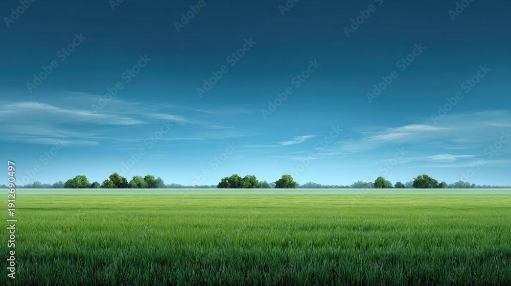 Obraz premium Vast Green Meadow Under Clear Blue Sky with Gentle Clouds and Lush Trees Along the Horizon, Perfect for Nature and Outdoor Activities Stock Photography