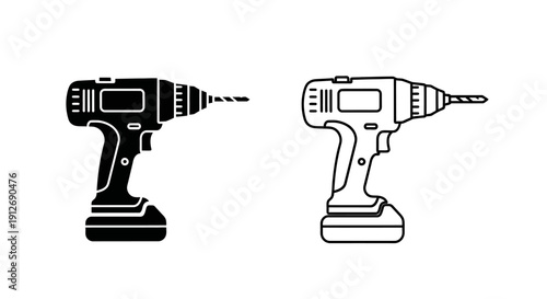 Power drill icon set, cordless drill illustration, tool design, black and white Vector