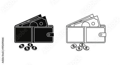 Wallet with cash and coins, clipart, illustration, vector, business, finance, money Vector
