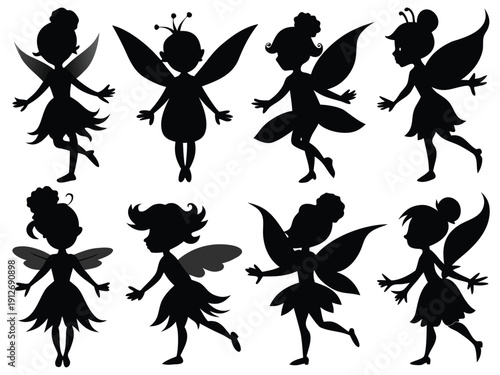 Collection of black vector silhouettes featuring dancing girls, flying birds like doves and sparrows, and various butterfly wings isolated on a white background for nature and wildlife design