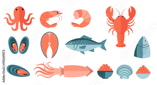Set of flat seafood icons with octopus, lobster, shrimp, salmon steak, whole fish, squid, and shellfish isolated on white background