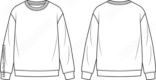 Crewneck sweatshirt outline template, front and back view pullover mockup vector, minimalist casual apparel clothing technical line art
