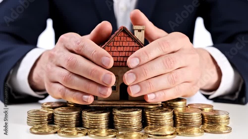 Man In Suit Protecting Miniature House On Stacked Gold Coins With Hands And Fingers