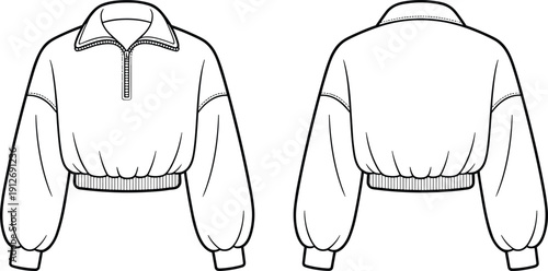 Cropped quarter zip sweatshirt outline template, front and back view pullover mockup vector, trendy casual womens apparel line art design