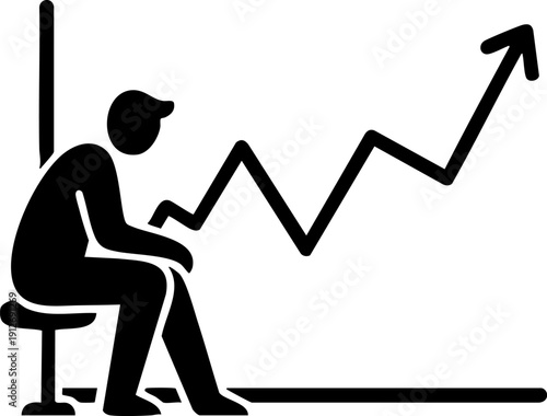 Person sitting on stool watching fluctuating stock market line silhouette isolated on white background minimalist financial analysis and trading illustration