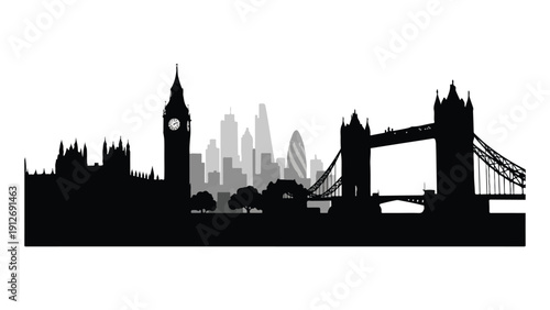 Iconic london skyline with tower bridge and big ben silhouette
