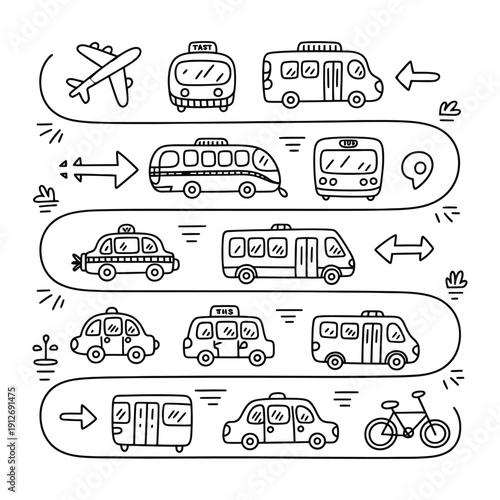 Transportation Doodle: Hand-drawn illustrations of diverse transport methods form a vibrant doodle, illustrating various modes of travel and transportation.