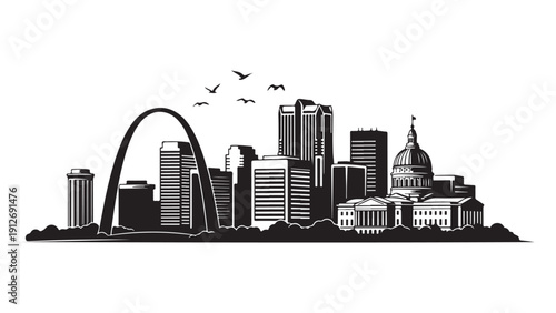 St. louis skyline vector illustration with gateway arch and birds