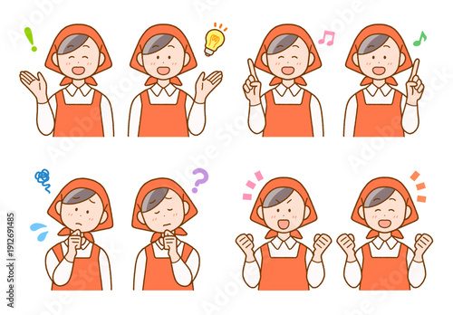 調理・清掃・店員のスタッフ(女性)イラスト8点セット