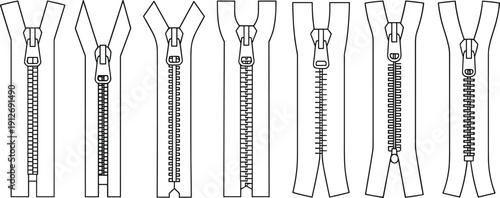 Minimal zipper outline collection, clothing fastener line art vector set, sewing fashion accessory icons pack for garment design