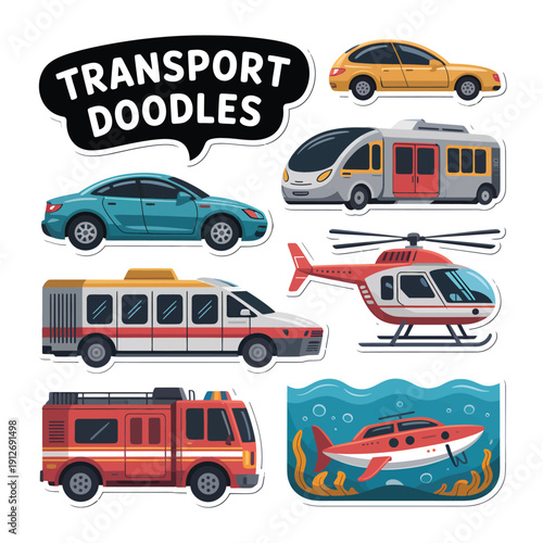 Transport Doodles: A collection of charming, hand-drawn vehicles showcasing a variety of transportation modes, from cars to helicopters, each a unique doodle.