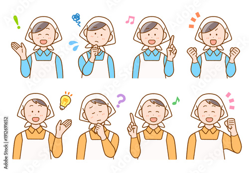 三角巾のスタッフ(男女)イラスト8点セット｜調理・清掃・店員