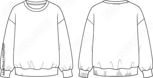 Oversized crewneck sweatshirt outline template, front and back view pullover mockup vector, minimalist casual streetwear apparel technical line art