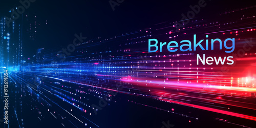 Breaking news banner background, dynamic red and blue light streaks rushing forward, with glowing particles and dramatic motion effect. Perfect for television news broadcasts, urgent announcements