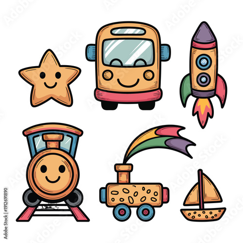 Cheerful Transportation Ensemble: A vibrant collection of playful transportation illustrations, from a star, bus, and rocket to a train and sailboat, ready to inspire smiles and sparks imagination.