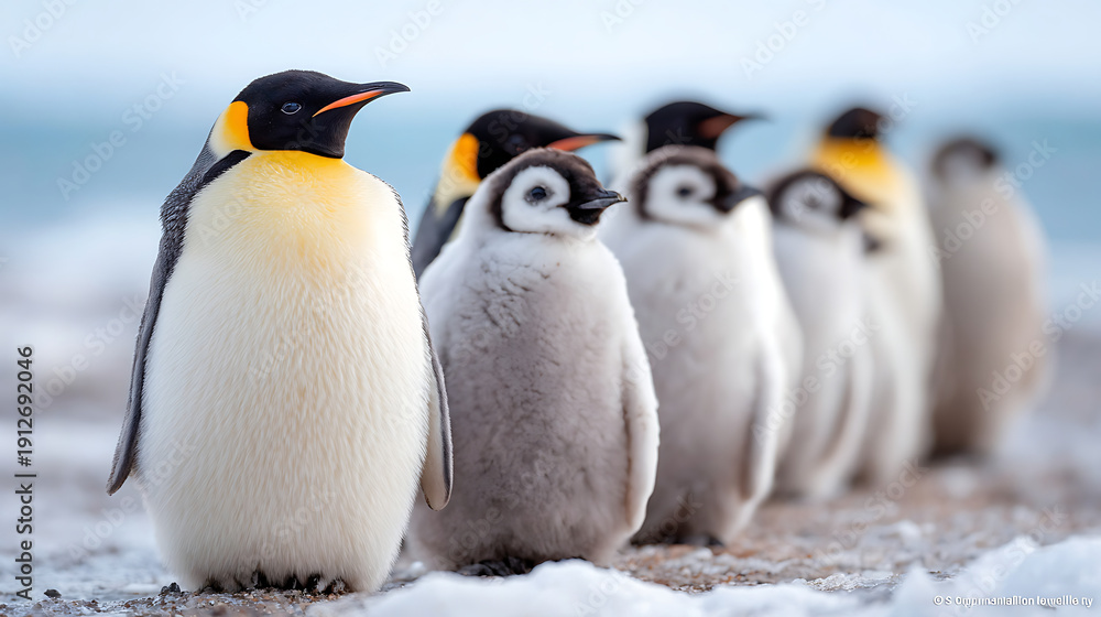 Fototapeta premium An emperor penguin stands with fluffy chicks on a snowy Antarctic shore, capturing wildlife family bonds in a cold, icy landscape.