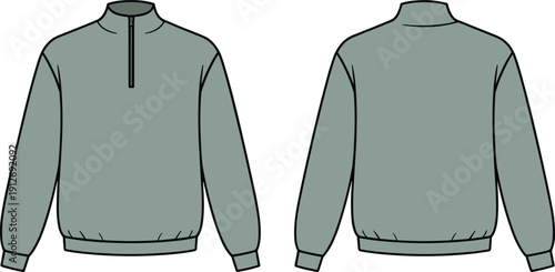 Quarter zip sweatshirt colored mockup template, front and back view pullover vector, minimalist casual sportswear apparel design