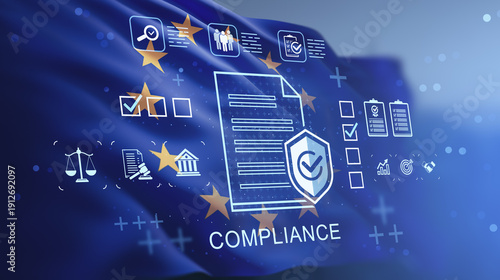 Compliance and regulation concept with digital document icons on EU flag background representing business standards and data protection laws in Europe.