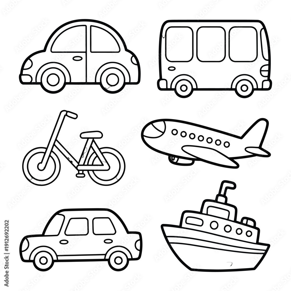 Obraz premium Vehicular Variety: A collection of simple vehicle illustrations showcasing diverse modes of transportation, from a compact automobile to a majestic airplane. 