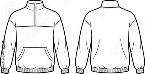 Quarter zip hoodie outline template, front and back view pullover mockup vector, minimalist casual sportswear apparel technical line art