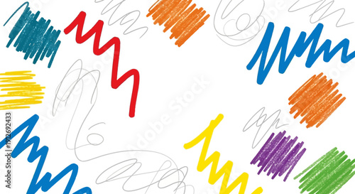 Vibrant colorful scribbles adorn a white background 