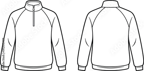 Quarter zip sweatshirt outline template, front and back view pullover mockup vector, minimalist sportswear apparel line art design for designers