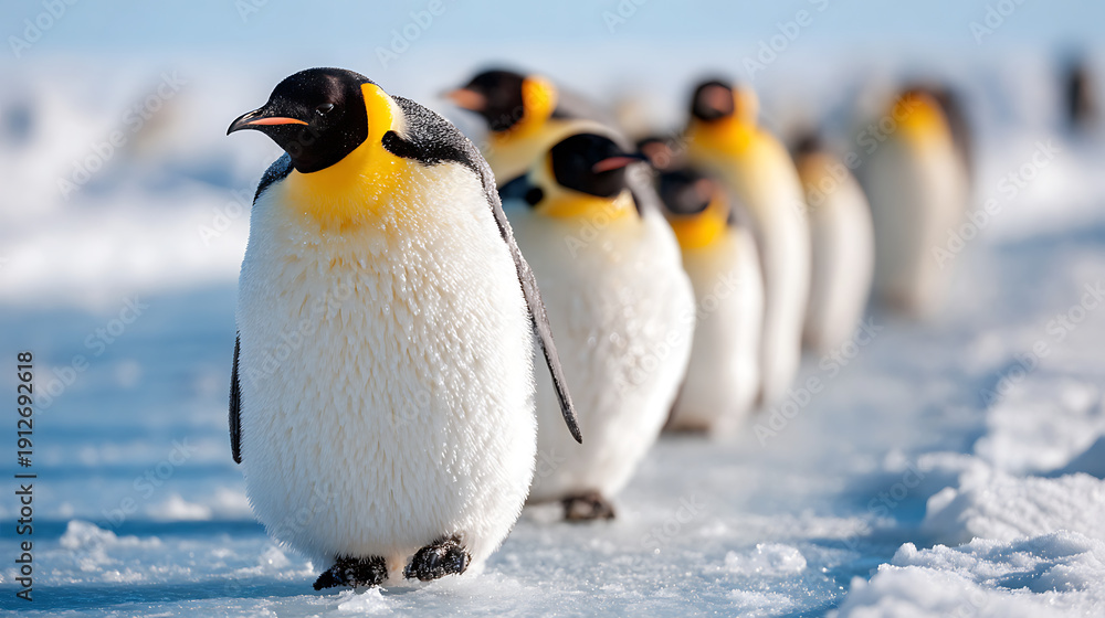 Obraz premium An emperor penguin stands with fluffy chicks on a snowy Antarctic shore, capturing wildlife family bonds in a cold, icy landscape.