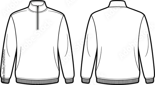 Quarter zip sweatshirt outline template, front and back view pullover mockup vector, minimalist sportswear apparel technical line art design set