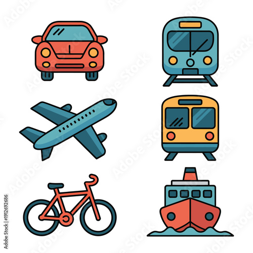 Transportation Icons: A collection of various transportation modes are artfully displayed, encompassing a car, a train, an airplane, a metro, a bicycle, and a ship.