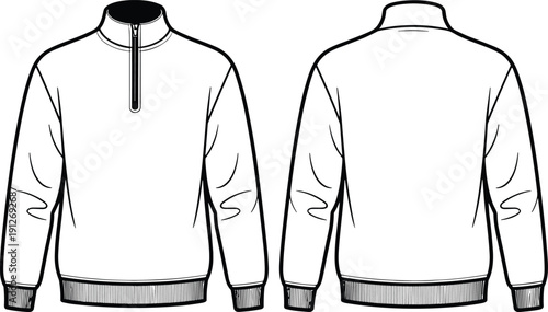 Quarter zip sweatshirt outline template, front and back view pullover mockup vector, minimalist sportswear apparel line art design