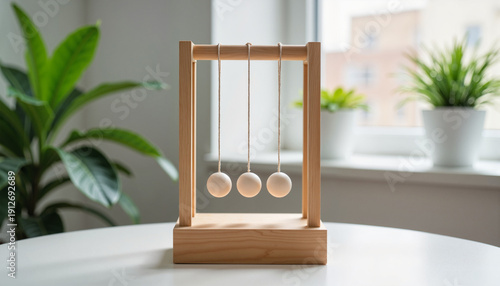 Newton's cradle in motion on minimalist desk, morning inspiration