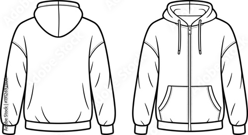 Zip hoodie outline template, front and back view sweatshirt mockup vector, minimalist apparel jacket line art for fashion designers use