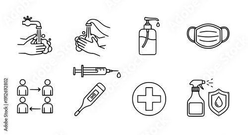 Flu prevention outline icon set black vector hygiene