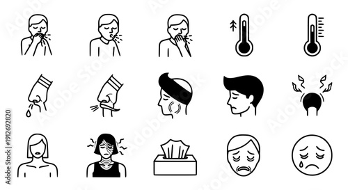 Flu symptoms flat line icon set black vector cold illness