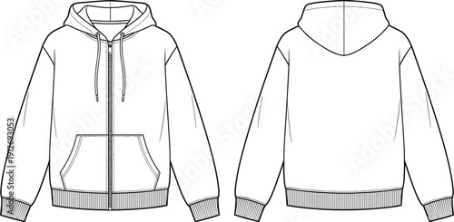 Zip hoodie outline template, front and back view sweatshirt mockup vector, minimalist casual streetwear apparel technical line art design