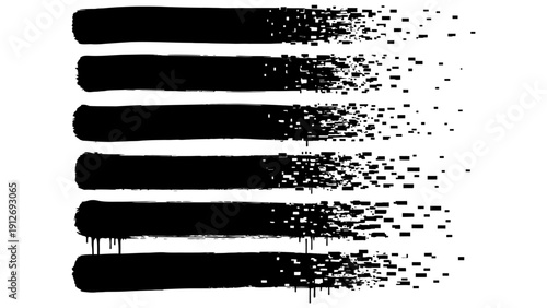 black grunge paint brush strokes with drips dissolving into scattered pixel fragments abstract graphic design element for backgrounds.