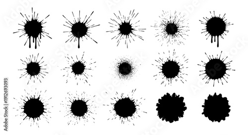 black ink splatters and grunge paint drips abstract liquid blots and textures isolated on white for versatile graphic design elements.